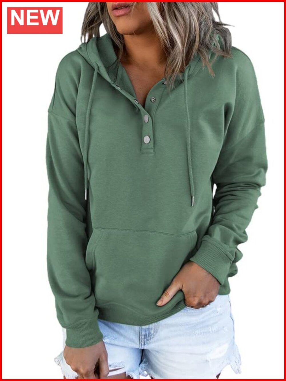 Womens Oversized Drawstring Hoodie Button Front Sweatshirt Pullover